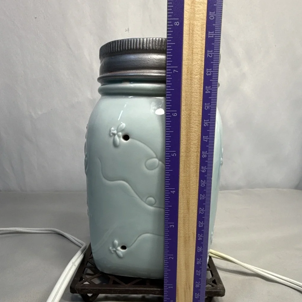 Cute Scentsy Inspired by Heidi Blue Mason Jar w/Fireflies Wax Warmer on Stand